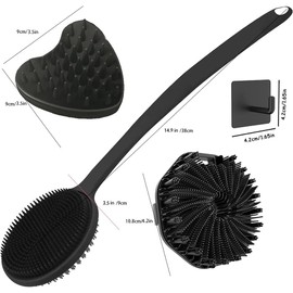 Juego de 4 cepillos de baño de silicona, que incluye un cepillo para la espalda de mango largo, un cepillo corporal, un cepillo para el cabello y un gancho (Black3)