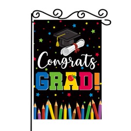 Congrats Grad Garden Flag,Graduation House Flag,Rainbow White Diploma Cap Yard Lawn Sign,Vertical Double Sided 12.5 x 18 Inch