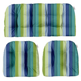 RSH DECOR: Sunbrella 3-Piece Wicker Tufted Cushion Set | Standard Size | Made with Sunbrella Performance Fabric | Outdoor Loveseat & U-Shaped Seat Cushions | Seville Seaside