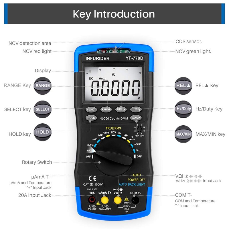 Digital Multimeter, INFURIDER YF-770D Auto Ranging 40000 Counts Voltage Tester