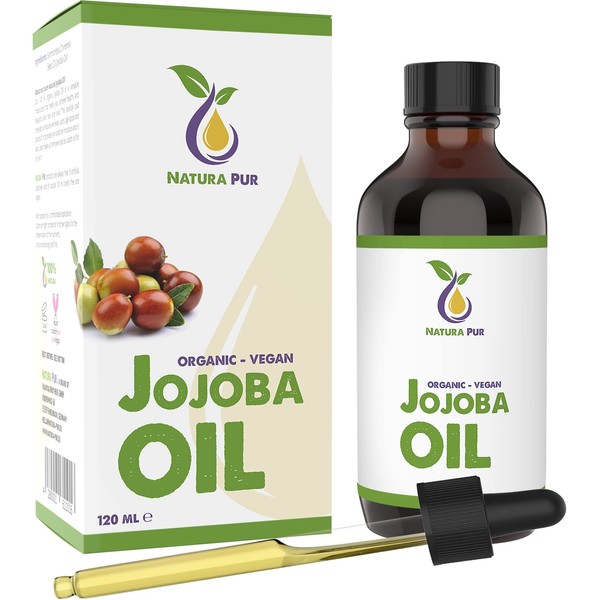 Natura Pur Organic Jojoba Oil Gold 120 ml - 100% Native, Cold Pressed, Vegan - Anti-Ageing Serum for Face, Anti-Wrinkle, Body, Hair, Skin, Hands, Nails - Natural Base Oil