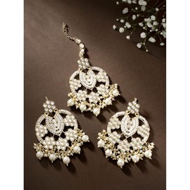 Aheli Floral Shape Gold Plated Kundan Pearl Studded Dangle Earrings and Maang Tikka Set Traditional Jewelry Gift for Women