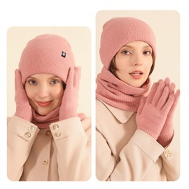 Wander Agio Winter Hat Neckwear Scarf Glove Set for Women Beanies Hats Knit Neck Gaiter Snood Gloves Womens 3-Sets Pink 1