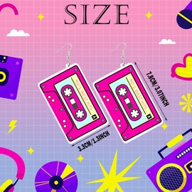 Skyfun 1 Pair 70s 80s 90s Neon Earrings for Women Retro Cassette Tape Shape Candy Color Lightweight Acrylic Drop Dangle Earrings for 80S Costume Outfits Dancing Glow Party Accessories, Hot Pink Tape