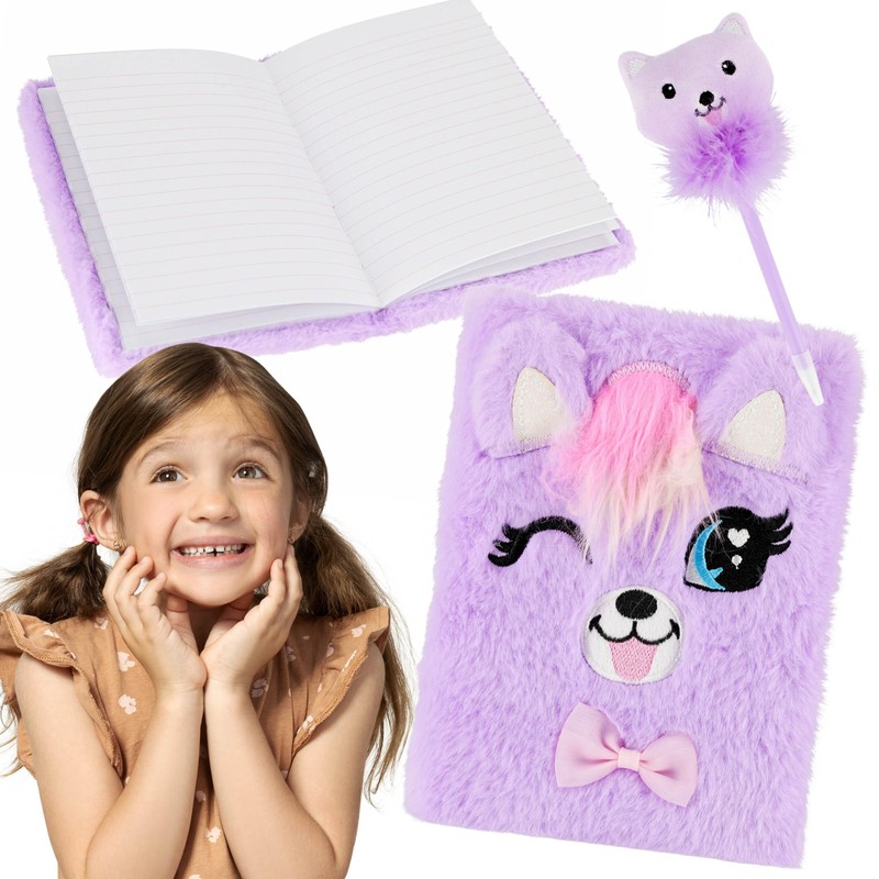 Kitten Plush Notebook/Diary with Padlock+Logo Pen, Lined A6