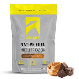 Ascent Casein Protein Powder - 25g Micellar Casein Powder with Zero Artificial Flavors & Sweeteners, Gluten Free, No Added Sugar, 4.9g BCAA, 2.2g Leucine - Chocolate Peanut Butter, 2 Pounds