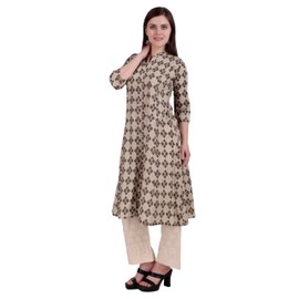 Ladyline Women's Lawn Cotton Tunic Top Ethnic Printed Front 3/4 Sleeves Button Down Long Kurti Kurta (CPK LFPR) (44/ Beige)