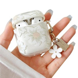 MINSCOSE Compatible with AirPods 1/2 Clear Case,Cute Cartoon Flower Pattern Design with Floral Keychain, Soft TPU Protective Shockproof Case for AirPod 1&2 for Girls Women-White