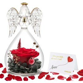 Rosa Preservada en Figuritas de Ángel de Vidrio - Regalos de Cumpleaños Rose para Mujeres y Mamá, Abuela, Esposa para Ella en Navidad, Día de San Valentín, Día de la Madre, Acción de Gracias (Rojo)