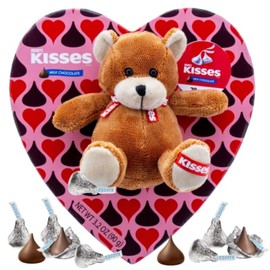 Hershey Kisses Chocolate Heart Box with Brown Bear Stuffed Animal, Individually Wrapped Candies, Valentines Gift