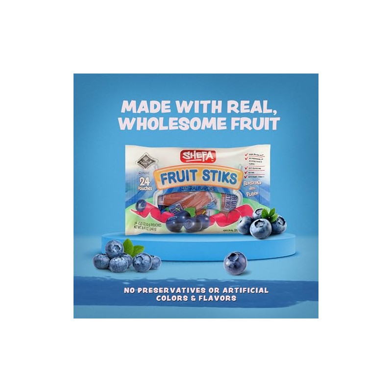 Shefa Blueberry Flavor Real Fruit Sticks (24 Count) | Dye