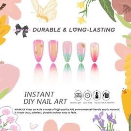 French Tip Medium Press on Nails Almond MABKJLF Flower Fake Nails Tropical False Nails with Hibiscus Rhinestones Leopard Print Designs Glossy Glue on Nails Summer Acrylic Nails for Women Girls 24Pcs