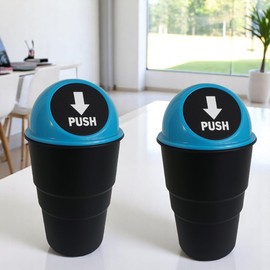 Car Trash Can with Lid Small Rubbish Bin 19 cm High x 9 cm Wide – Mini Push Top Desk Bin Fits Cup Holder Door Pocket – for Auto Home Office Makeup Table in Yellow Purple Blue Green (2, Blue)