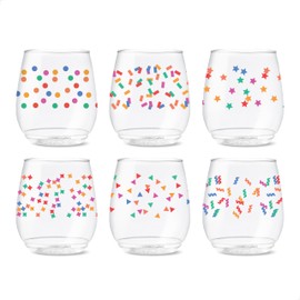TOSSWARE POP 14oz Vino Confetti Galore Series, SET OF 6, Premium Quality, Recyclable, Unbreakable & Crystal Clear Plastic Printed Glasses
