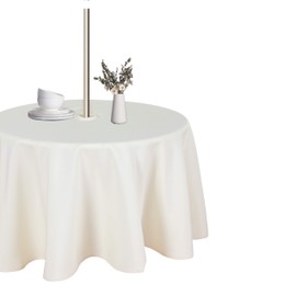 LUSHVIDA Round Outdoor Tablecloth with Umbrella Hole and Zipper, 60 Inch Beige, Washable Waterproof Table Cloth Spill Proof Wrinkle Free Table Cover for Patio Spring Summer Picnic BBQS