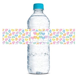 Cute Pastel Candy Hearts February Birthday Valentine Waterproof Water Bottle Sticker Wrappers, 20 1.75" x 8.5" Wrap Around Labels by AmandaCreation