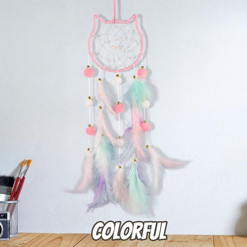 Dream Catcher for Girls, Pink Cat Dreamcatcher with Feathers, Cat