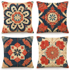 OYIMUA Boho Abstract Floral Cushion Covers 45 x 45 cm Red and Navy Blue Outdoor Cushions 18x18 Inches Decorative Linen Pillow Covers for Garden Furniture Sofa