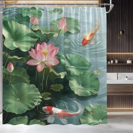 Lotus Shower Curtain Asia Floral Japanese Carp Koi Water Lily Lake Pond Nature Fabric Bathroom Decor Set,70x70 inch