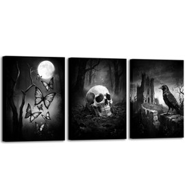 RyounoArt Gothic Wall Art Black and White Skull Butterfly and Raven Pictures Horror Wall Decor Framed 12 * 16 inches*3pcs (Small)