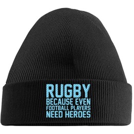 Hippowarehouse Rugby Because Even Football Players Need Heroes Embroidered Beanie Hat Black with Baby Blue Stitch