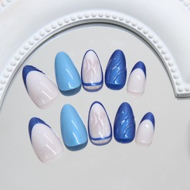 MERVF Almond Press on Nails Medium Fake Nail Blue Series French Tip Glue ons 3D Swirls Design Stiletto Chrome Pearlescent Summer Acrylic Manicure Glossy 24pcs