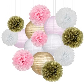 zilue Pink and Gold Party Decorations, Pink Gold Paper Lanterns and Pom Poms Flowers for Birthday Baby Showers Engagement Tea Party Decor 15 Pieces