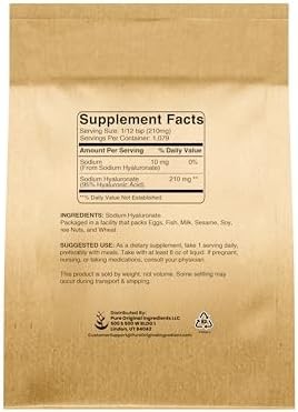 PURE ORIGINAL INGREDIENTS- Ácido Hialurónico (8 oz) Soluble en Agua, Polvo Fino