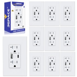 3GRACE USB Wall Outlet, USB Charger Outlets Receptacles with 4.2A USB C Ports, 20 Amp Duplex Tamper Resistant Receptacle Plug with USB Electrical Outlet, Wall Plate Included, ETL Listed，10 Pack, White