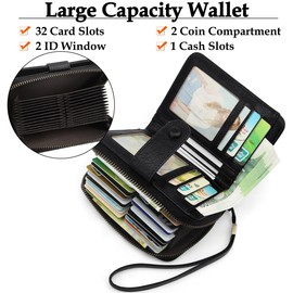 GOUNNU Women's Leather Soft Purse RFID Protection Purse Women Vintage Women's Purse Medium Size with 32 Card Slots and Wrist Strap Wallet Short Format, black, Modern