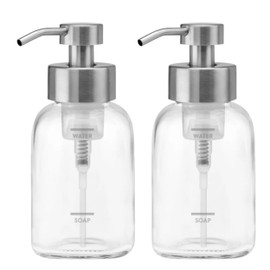 Grove Co. Foaming Soap Dispenser, 2 x Refillable Glass Bottles with Stainless Steel Pump, Reusable Liquid Hand Soap Set for Kitchen or Bathroom, Square Base, Reduce Plastic Waste