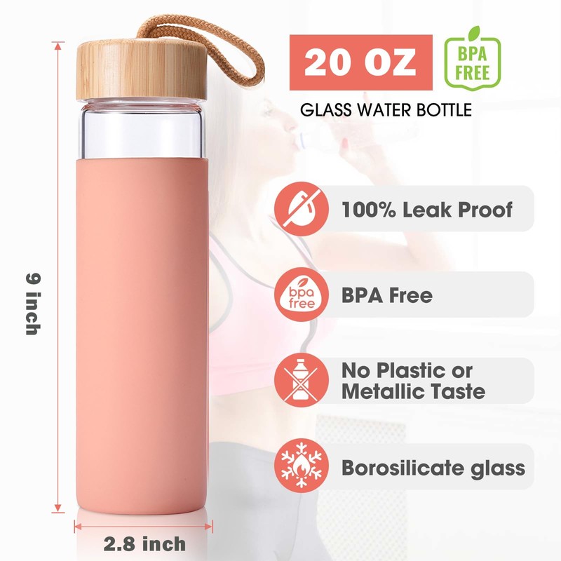 Yomious 20 Oz Borosilicate Glass Water Bottles with Silicone Sleeve