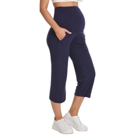 Foucome Maternity Capris Wide Leg Cropped Yoga Pants Summer Loose Casual Pregnancy Pants with Pockets (Navy, M)