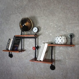 HAMOQI Industrial Pipe Shelving,Retro Rustic Wall Bookshelf,4 Tier Wood Floating Iron Pipe Shelves for Bar Kitchen Farmhouse Living Room Decor