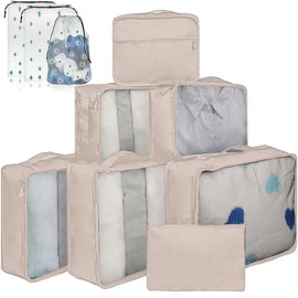 10 Packing Cubes for Suitcases – Luggage Organiser in Various Sizes – Mesh Travel Packing Cube Set in Assorted Colours (10 Beige Mixed Sizes)