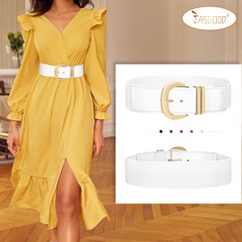 JASGOOD Women Wide Elastic Waist Belt for Dresses Fashion Ladies Stretchy Leather Waistband with Gold Buckle, White, Fits Waist Size 29"-35"