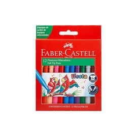 Faber-Castell Marcadores Fiesta con 12 Plumones de Diferentes Colores, presentados en un práctico estuche de cartón, ideal para mantener los plumones organizados y transportarlos fácilmente