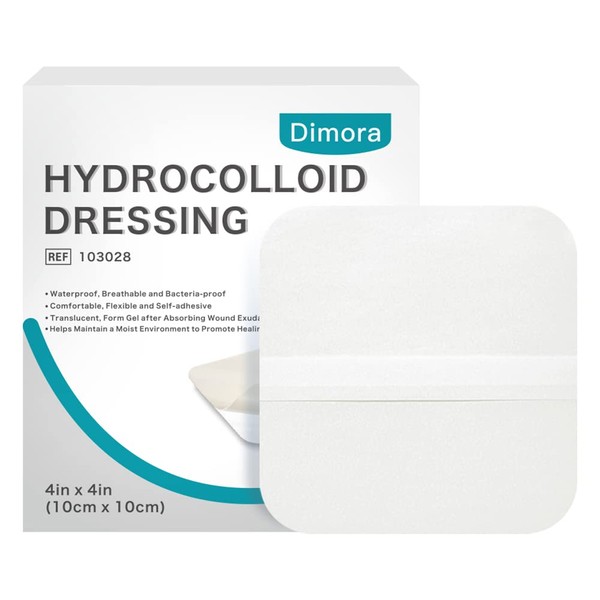 Dimora Hydrocolloid Dressing 4" x 4" for Wound Care, 10 Pack Large Patch Bandages with Self-Adhesive for Bedsore, Burn, Blister, Acne Care, Super Absorbent for Fast Healing
