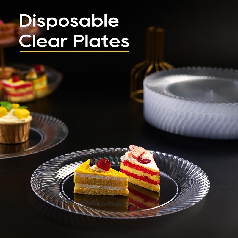 FOCUSLINE 10 Inch Clear Plastic Plates, 100 Count Disposable Heavy