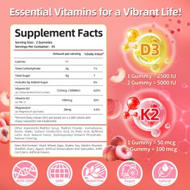 Vitamin D3 K2 Gummies with Magnesium – 5000 IU D3 + 100 mcg K2 (MK-7) – Sugar-Free Vegan Supplement for Women & Men – Peach Flavor – 90 Count