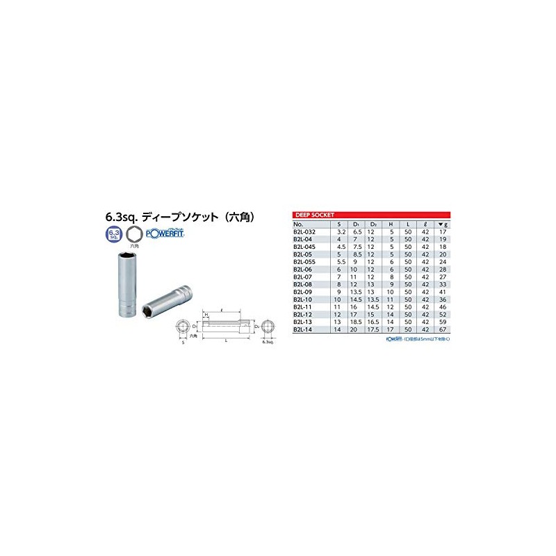 京都機械工具(KTC) 6.3mm (1/4ンチ) ディープソケット (六角) B2L-14