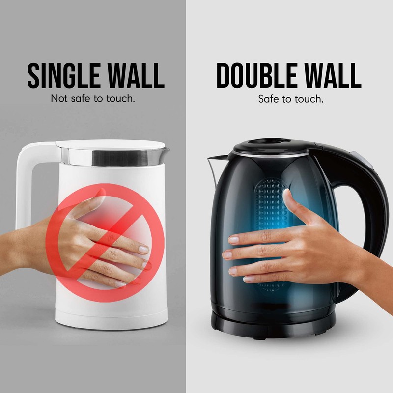 OVENTE 1.7L Double Wall Electric Tea Kettle, 1100W Water Boiler