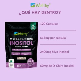 WELLTHY | Myo & D-Chiro Inositol 120 Cápsulas. Chirositol™. Mezcla Óptima 40:1, 2400mg Myo Inositol y 60mg D-Chiro Inositol, Ingredientes 100% Naturales, Gluten Free, Sugar Free, Vegan, Bottle Free.