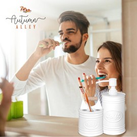 Autumn Alley Farmhouse White Bathroom Accessories Set - Farmhouse Bathroom Soap Dispenser and Toothbrush Holder Set - Modern Farmhouse Bathroom Accessories, Farmhouse Decor for Bathroom Countertop