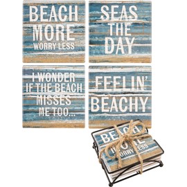 Primitives by Kathy Set of 4 Beach Themed Drink Coasters (Beach More & Seas The Day & Feelin Beachy)