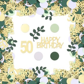 ENSTAB Pack of 200 Green Leaf Birthday Party Table Confetti with Gold 50th Birthday Confetti, Green Leaf Confetti, Dark Green, Light Green, White and Gold Round Confetti