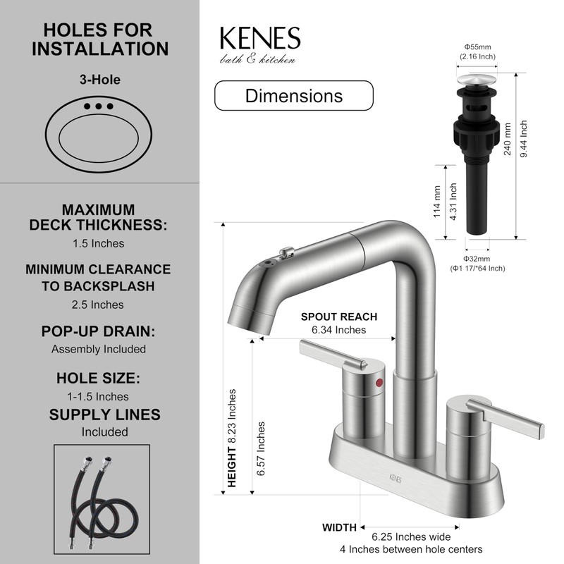 KENES Pull Down Bathroom Faucet with Sprayer, Brushed Nickel 4