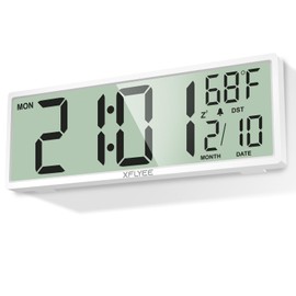 Xflyee 14.5'' Large Digital Wall Clock Battery Operated with Jumbo Numbers, Auto DST, Day, Date, Alarm, Temperature for Living Room, Bedroom, Desk Decor, Gift, LCD Screen Display Easy to Read and Set