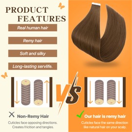 TESSHAIR Human Hair Tape in Extensions,Double Stitched Remy Human Hair Extensions Tape ins,No Tangle & Smooth,12 Inch-10pcs,#04 Medium Brown