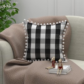 NATUS WEAVER Buffalo Check Throw Pillow Cover with Pom-poms Plaid Gingham Retro Farmhouse Set of 2 Cushion Case for Sofa Couch Car Decorative Cotton Square Pillowcase 16 x 16 inch Black White